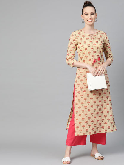 Cream With Multi Floral Printed Kurta With Keyhole Neckline | LASVINI - Redefining Indian Fashion with Elegance