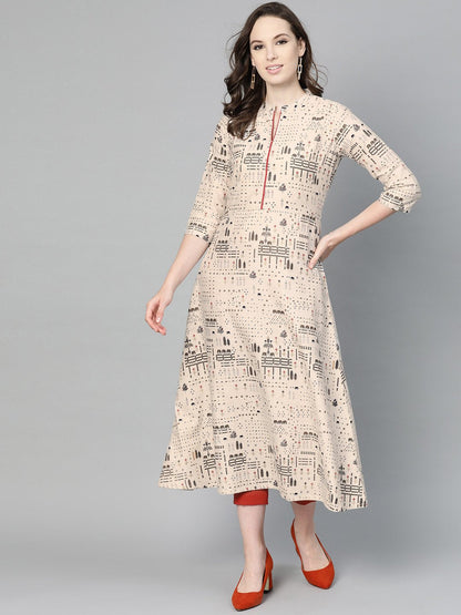 Beige And Black Printed A-Line Cotton Kurta | LASVINI - Redefining Indian Fashion with Elegance