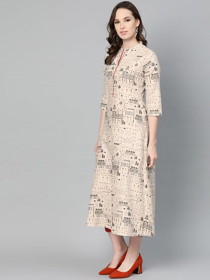 Beige And Black Printed A-Line Cotton Kurta | LASVINI - Redefining Indian Fashion with Elegance