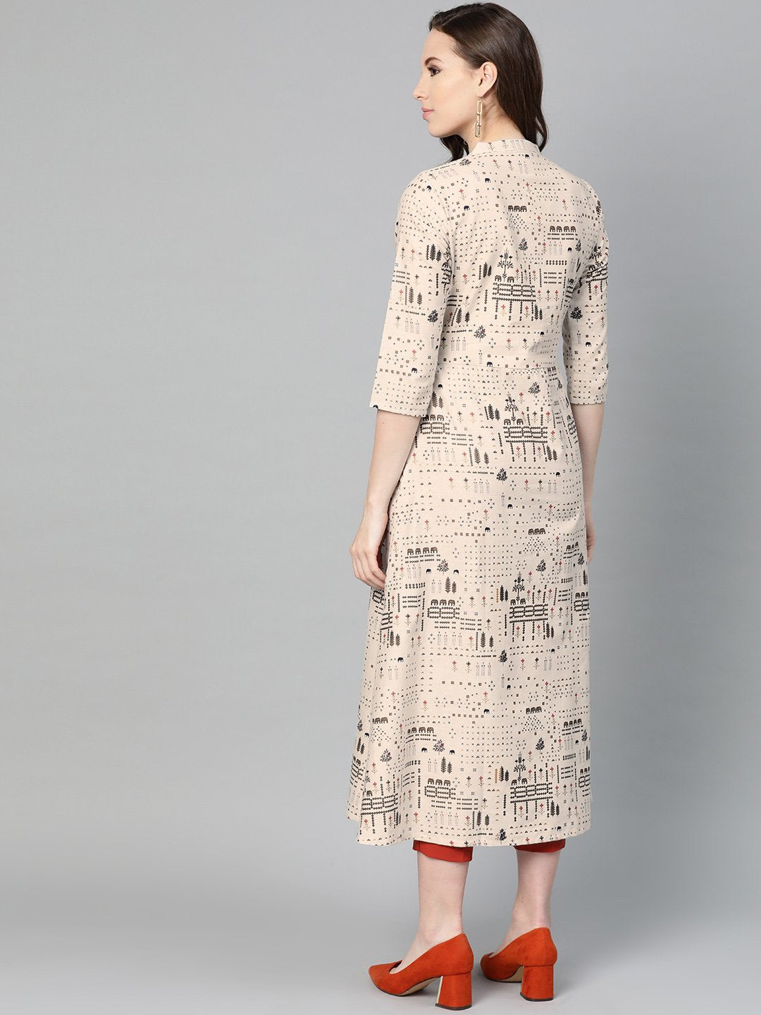 Beige And Black Printed A-Line Cotton Kurta | LASVINI - Redefining Indian Fashion with Elegance