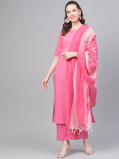 Pink Straight Kurta Set With Palazzo & Ikat Dupatta | LASVINI - Redefining Indian Fashion with Elegance