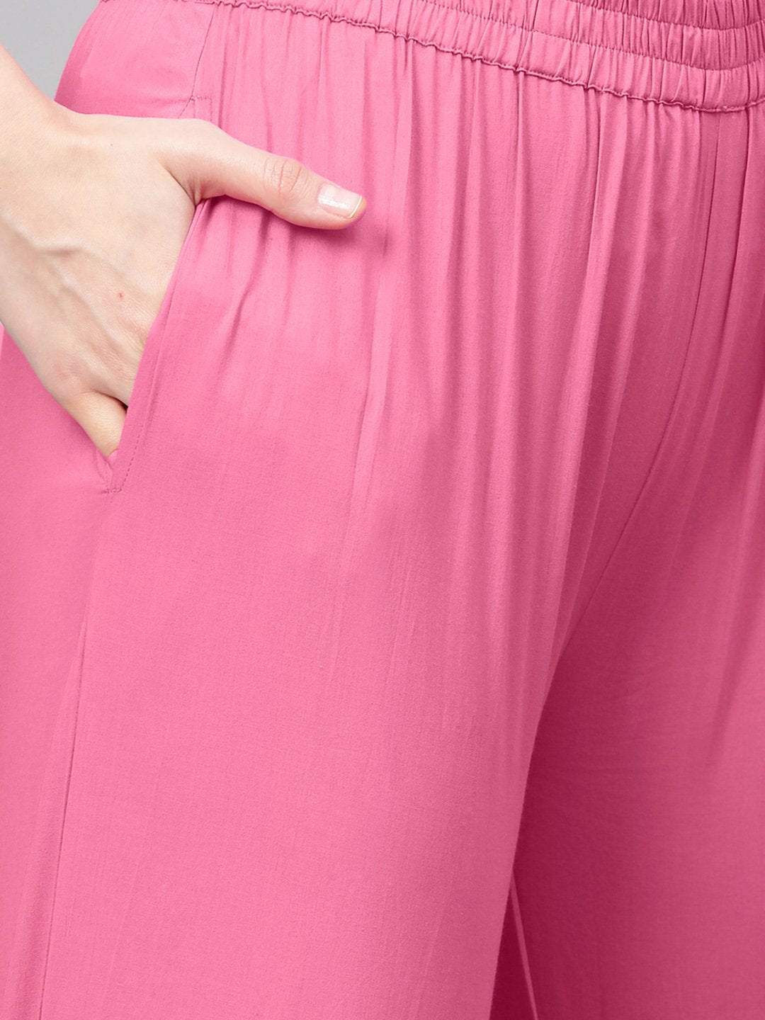 Pink Straight Kurta Set With Palazzo & Ikat Dupatta | LASVINI - Redefining Indian Fashion with Elegance