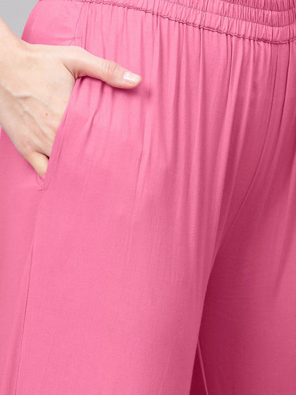 Pink Straight Kurta Set With Palazzo & Ikat Dupatta | LASVINI - Redefining Indian Fashion with Elegance