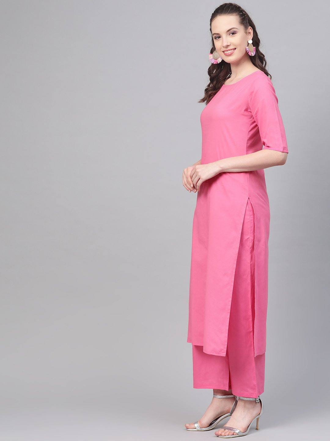 Pink Straight Kurta Set With Palazzo & Ikat Dupatta | LASVINI - Redefining Indian Fashion with Elegance