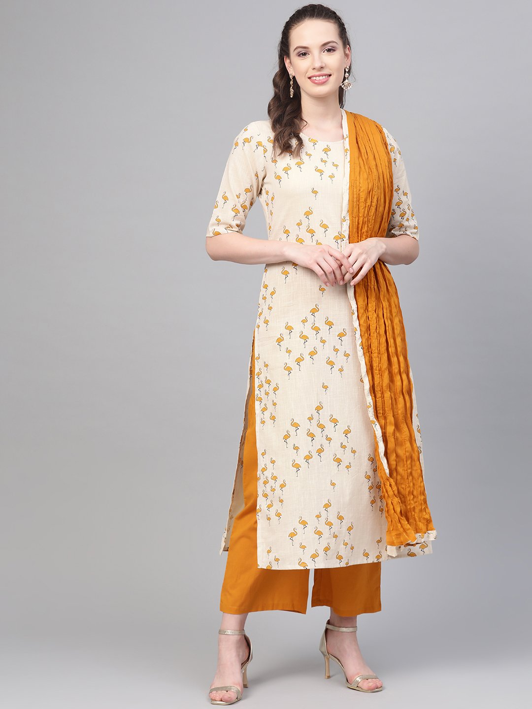 Mustard & Off White Printed Kurta Set With Palazzo & Dupatta | LASVINI - Redefining Indian Fashion with Elegance