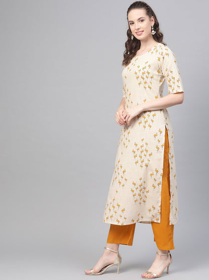 Mustard & Off White Printed Kurta Set With Palazzo & Dupatta | LASVINI - Redefining Indian Fashion with Elegance