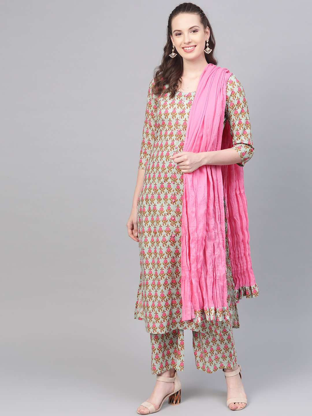 Green & Pink Printed Kurta Set With Palazzo & Dupatta | LASVINI - Redefining Indian Fashion with Elegance
