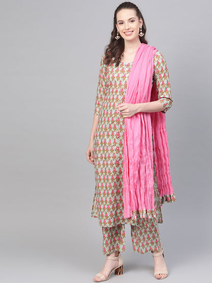 Green & Pink Printed Kurta Set With Palazzo & Dupatta | LASVINI - Redefining Indian Fashion with Elegance
