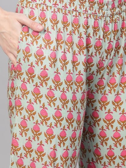 Green & Pink Printed Kurta Set With Palazzo & Dupatta | LASVINI - Redefining Indian Fashion with Elegance