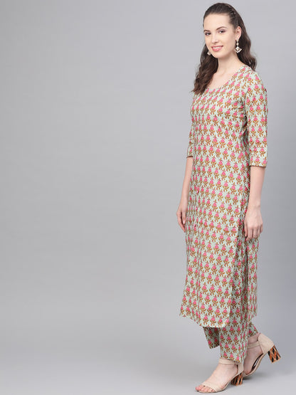 Green & Pink Printed Kurta Set With Palazzo & Dupatta | LASVINI - Redefining Indian Fashion with Elegance