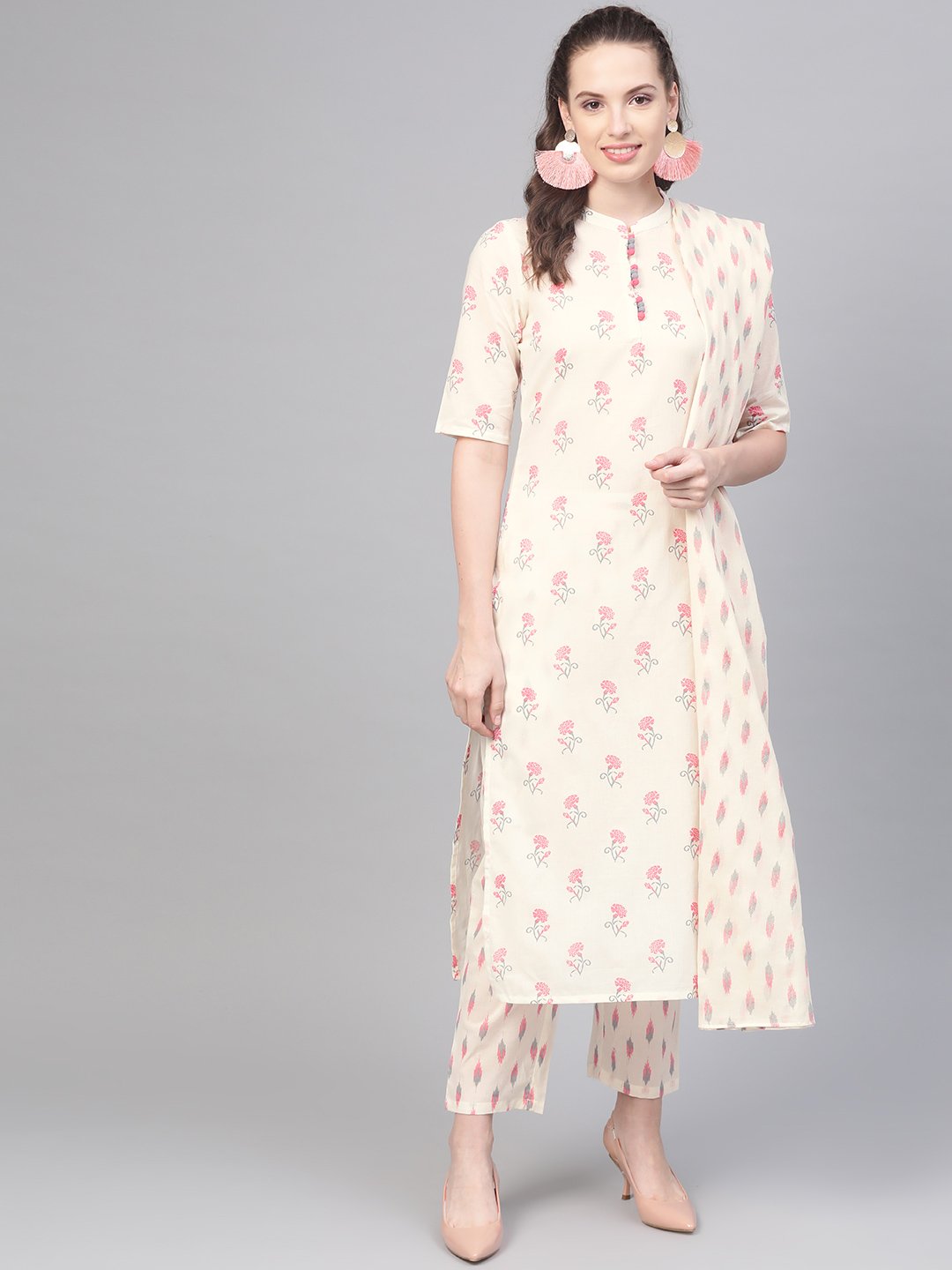 Off White & Pink Floral Printed Kurta With Ikkat Printed Pallazo & Dupatta | LASVINI - Redefining Indian Fashion with Elegance