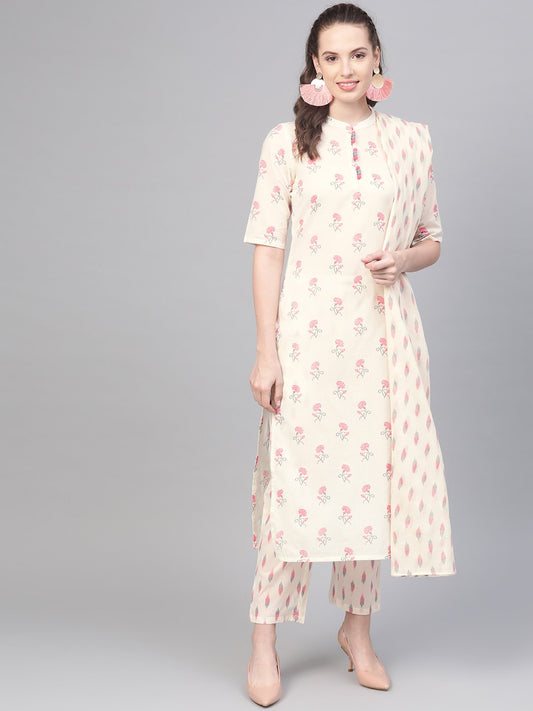 Off White & Pink Floral Printed Kurta With Ikkat Printed Pallazo & Dupatta | LASVINI - Redefining Indian Fashion with Elegance