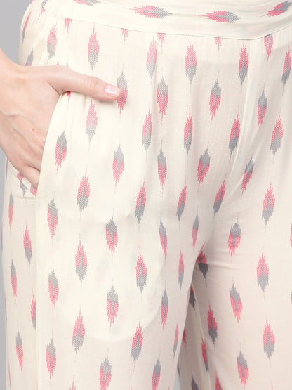 Off White & Pink Floral Printed Kurta With Ikkat Printed Pallazo & Dupatta | LASVINI - Redefining Indian Fashion with Elegance