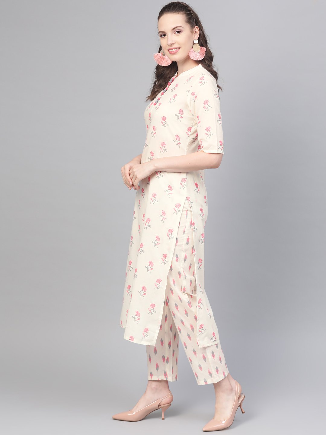 Off White & Pink Floral Printed Kurta With Ikkat Printed Pallazo & Dupatta | LASVINI - Redefining Indian Fashion with Elegance
