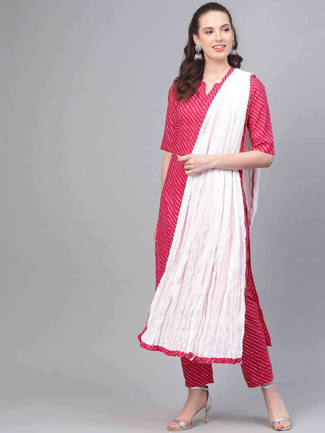 Rani Pink Leheriya Printed Kurta & Pallazo With Solid Off White Crinkled Dupatta | LASVINI - Redefining Indian Fashion with Elegance