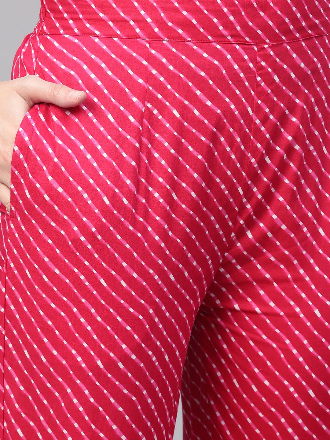 Rani Pink Leheriya Printed Kurta & Pallazo With Solid Off White Crinkled Dupatta | LASVINI - Redefining Indian Fashion with Elegance