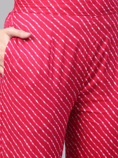 Rani Pink Leheriya Printed Kurta & Pallazo With Solid Off White Crinkled Dupatta | LASVINI - Redefining Indian Fashion with Elegance