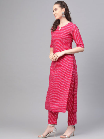 Rani Pink Leheriya Printed Kurta & Pallazo With Solid Off White Crinkled Dupatta | LASVINI - Redefining Indian Fashion with Elegance
