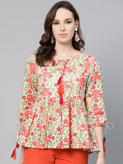 Off White And Multi Floral Printed Top With Dori Detailing On Sleeves | LASVINI - Redefining Indian Fashion with Elegance