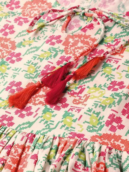 Off White And Multi Floral Printed Top With Dori Detailing On Sleeves | LASVINI - Redefining Indian Fashion with Elegance