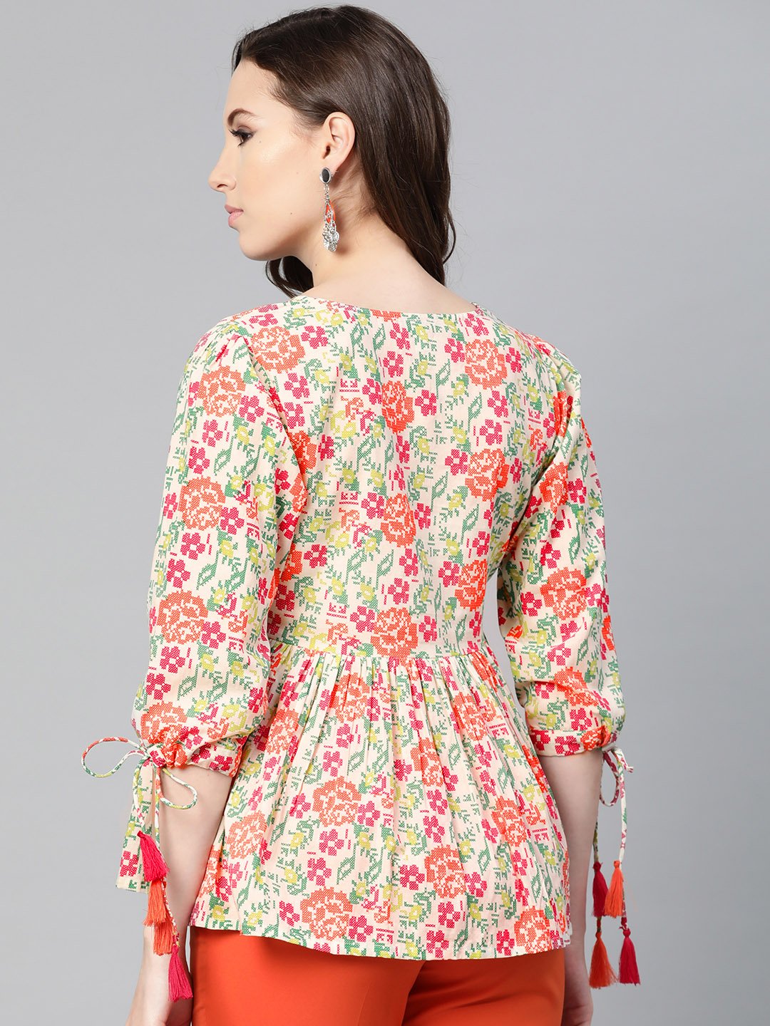 Off White And Multi Floral Printed Top With Dori Detailing On Sleeves | LASVINI - Redefining Indian Fashion with Elegance