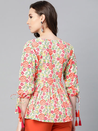 Off White And Multi Floral Printed Top With Dori Detailing On Sleeves | LASVINI - Redefining Indian Fashion with Elegance