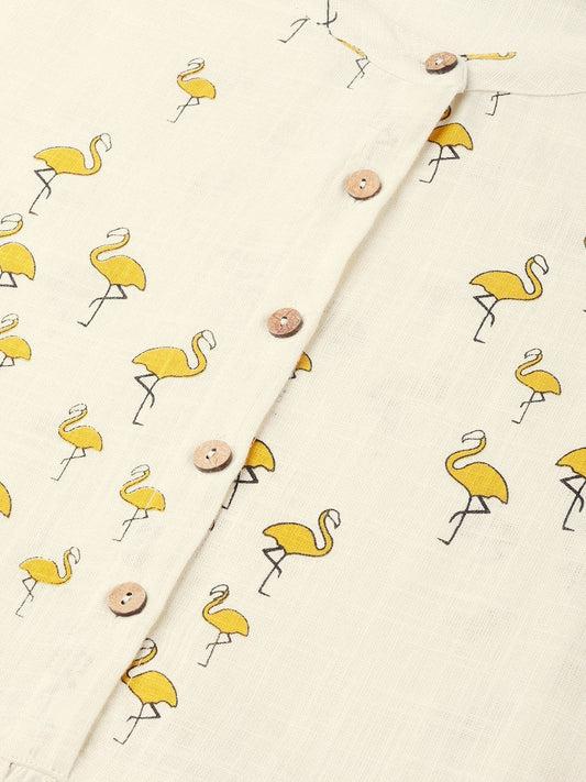 Off White And Yellow Ochre Flamingo Printed Dress With A Detachable Belt Detailing On The Yoke | LASVINI - Redefining Indian Fashion with Elegance