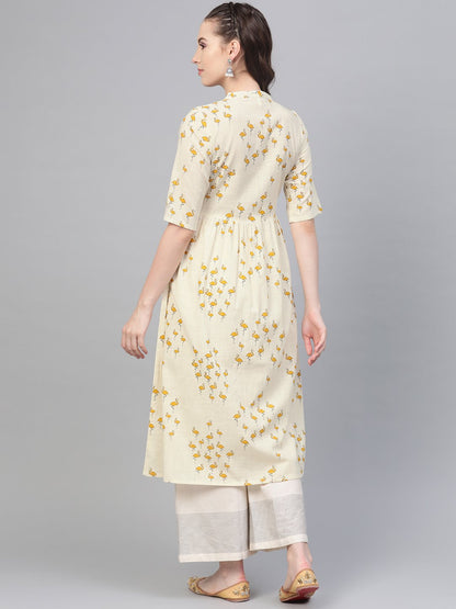 Off White And Yellow Ochre Flamingo Printed Dress With A Detachable Belt Detailing On The Yoke | LASVINI - Redefining Indian Fashion with Elegance