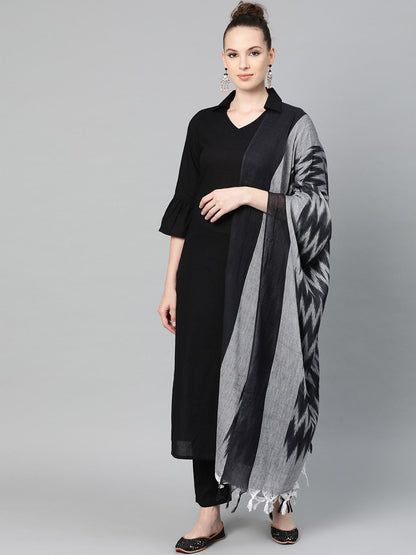 Solid Black Kurta & Pallazo With Grey & Black Chevron Printed Dupatta | LASVINI - Redefining Indian Fashion with Elegance
