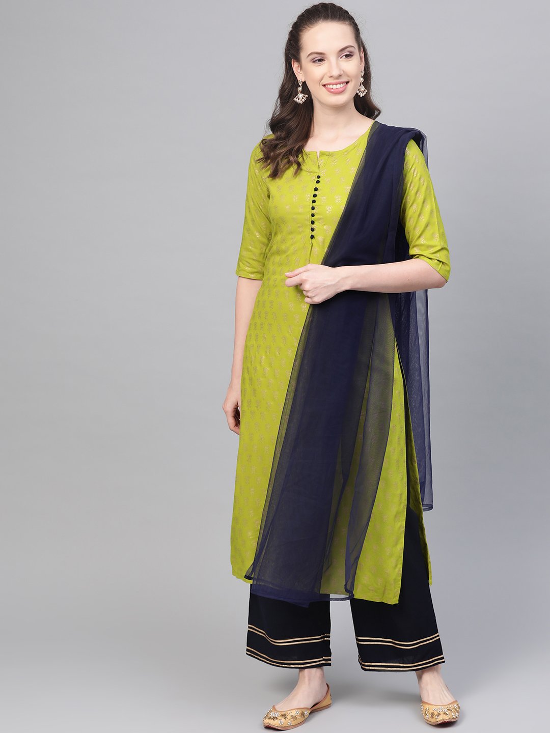 Green Gold Printed Straight Kurta Set With Navy Blue Palazzo & Net Dupatta | LASVINI - Redefining Indian Fashion with Elegance