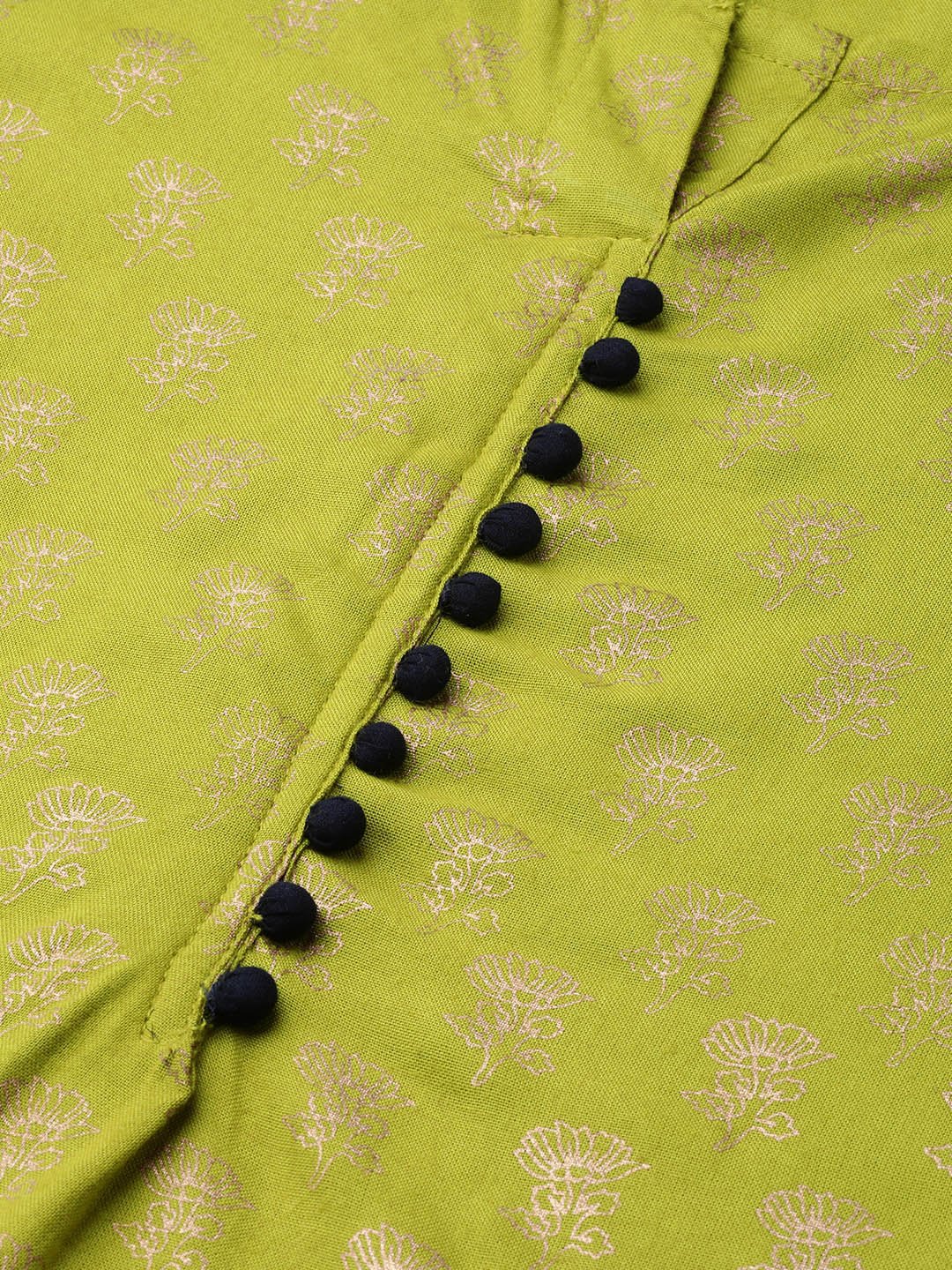 Green Gold Printed Straight Kurta Set With Navy Blue Palazzo & Net Dupatta | LASVINI - Redefining Indian Fashion with Elegance