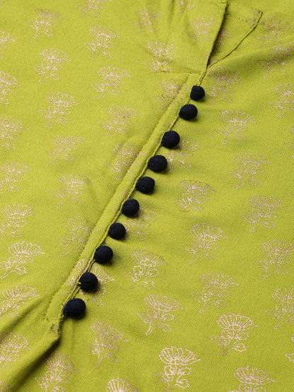 Green Gold Printed Straight Kurta Set With Navy Blue Palazzo & Net Dupatta | LASVINI - Redefining Indian Fashion with Elegance