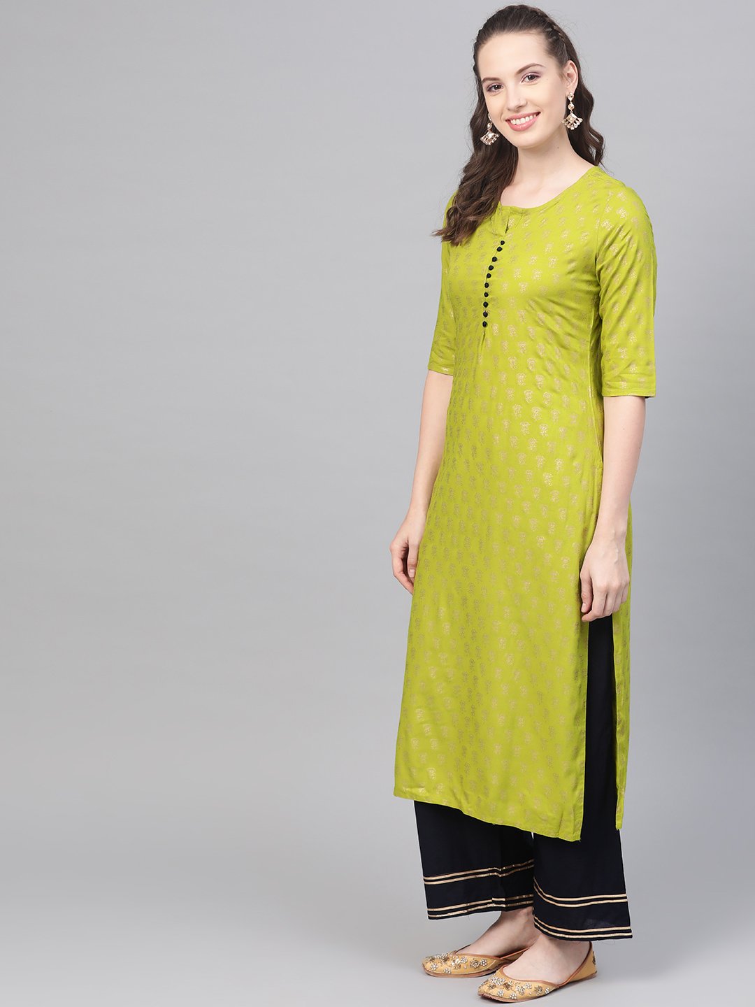Green Gold Printed Straight Kurta Set With Navy Blue Palazzo & Net Dupatta | LASVINI - Redefining Indian Fashion with Elegance