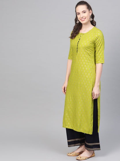 Green Gold Printed Straight Kurta Set With Navy Blue Palazzo & Net Dupatta | LASVINI - Redefining Indian Fashion with Elegance