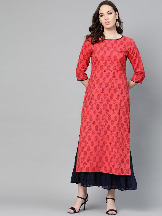 Red Printed Straight Kurta With Round Neck & 3/4 Sleeves | LASVINI - Redefining Indian Fashion with Elegance