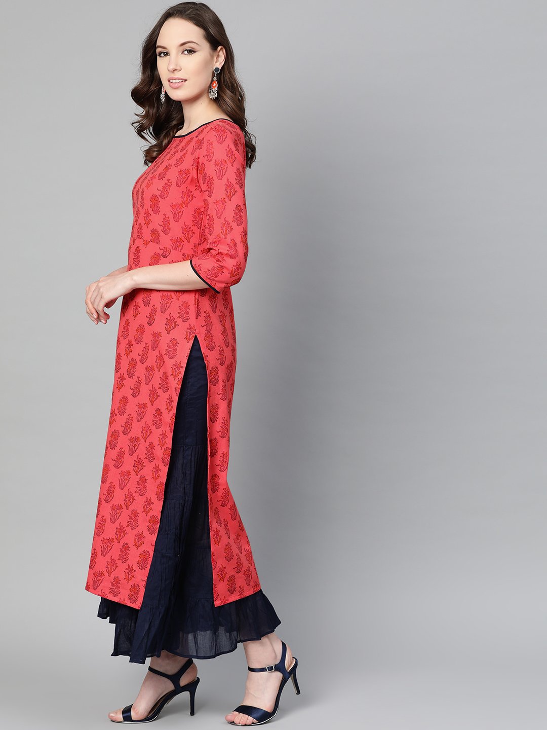 Red Printed Straight Kurta With Round Neck & 3/4 Sleeves | LASVINI - Redefining Indian Fashion with Elegance