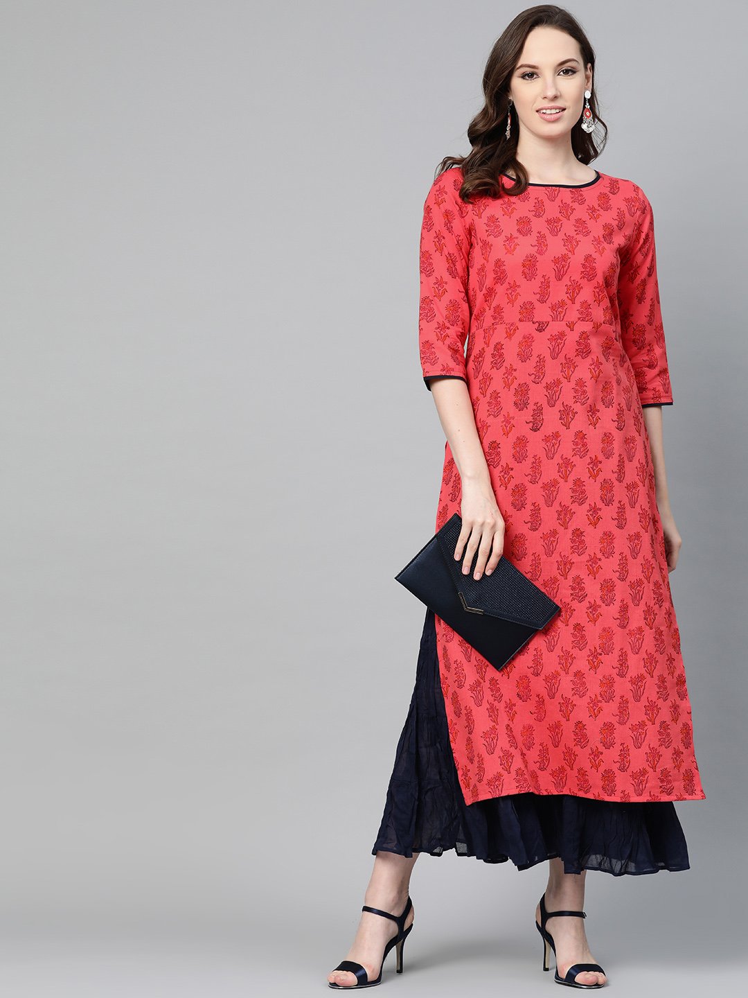 Red Printed Straight Kurta With Round Neck & 3/4 Sleeves | LASVINI - Redefining Indian Fashion with Elegance