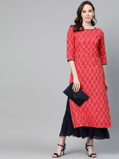 Red Printed Straight Kurta With Round Neck & 3/4 Sleeves | LASVINI - Redefining Indian Fashion with Elegance