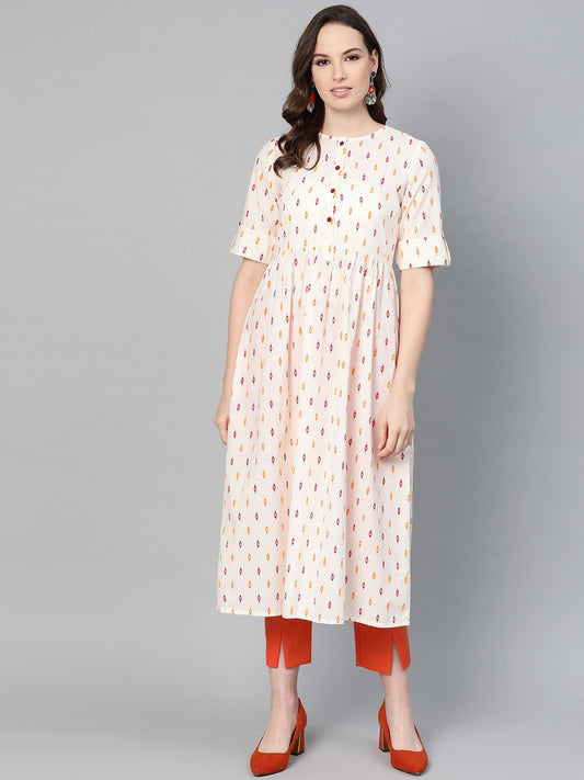 Off-White Multi Colored Geometric Printed Maxi Dress With Front Placket & Half Sleeves | LASVINI - Redefining Indian Fashion with Elegance