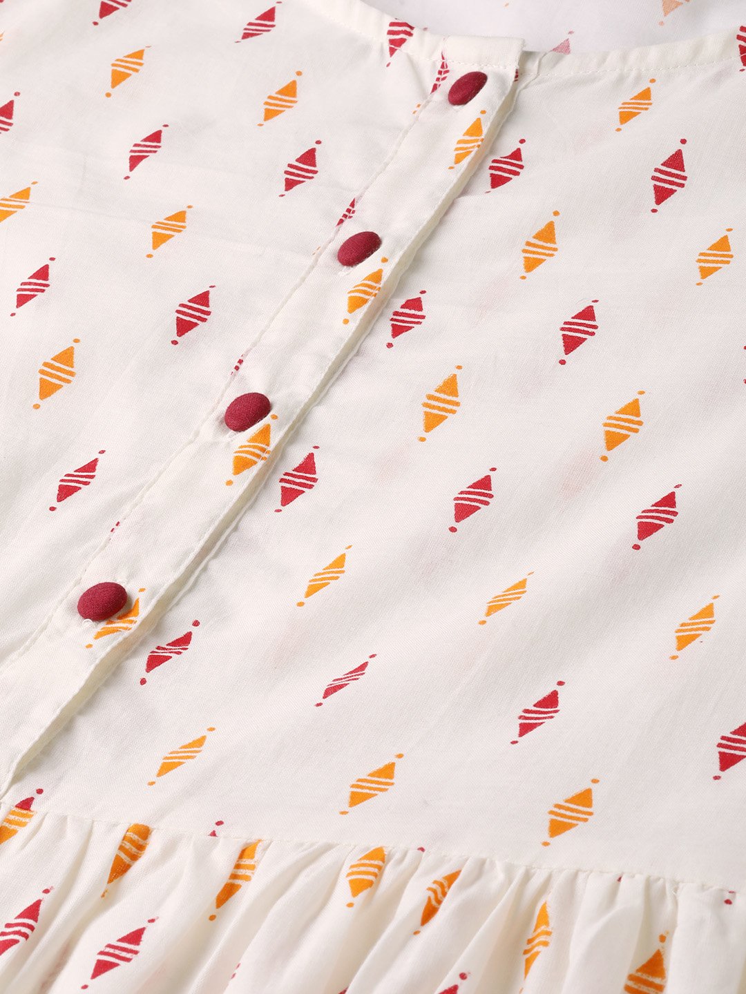 Off-White Multi Colored Geometric Printed Maxi Dress With Front Placket & Half Sleeves | LASVINI - Redefining Indian Fashion with Elegance