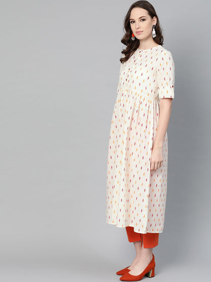 Off-White Multi Colored Geometric Printed Maxi Dress With Front Placket & Half Sleeves | LASVINI - Redefining Indian Fashion with Elegance