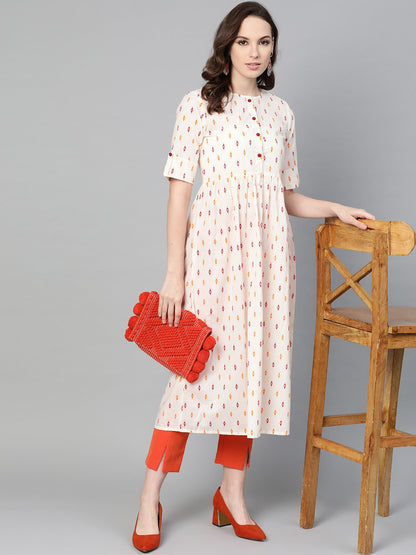 Off-White Multi Colored Geometric Printed Maxi Dress With Front Placket & Half Sleeves | LASVINI - Redefining Indian Fashion with Elegance