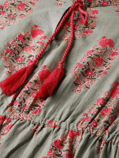 Sage Green Printed Maxi Dress With Mandaroin Collar & 3/4 Sleeves | LASVINI - Redefining Indian Fashion with Elegance