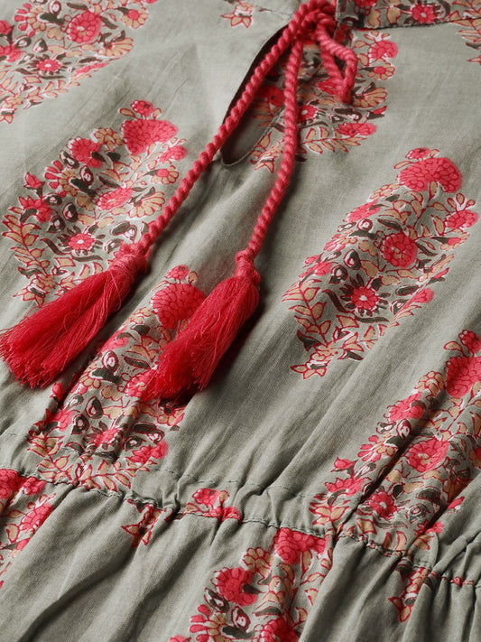 Sage Green Printed Maxi Dress With Mandaroin Collar & 3/4 Sleeves | LASVINI - Redefining Indian Fashion with Elegance