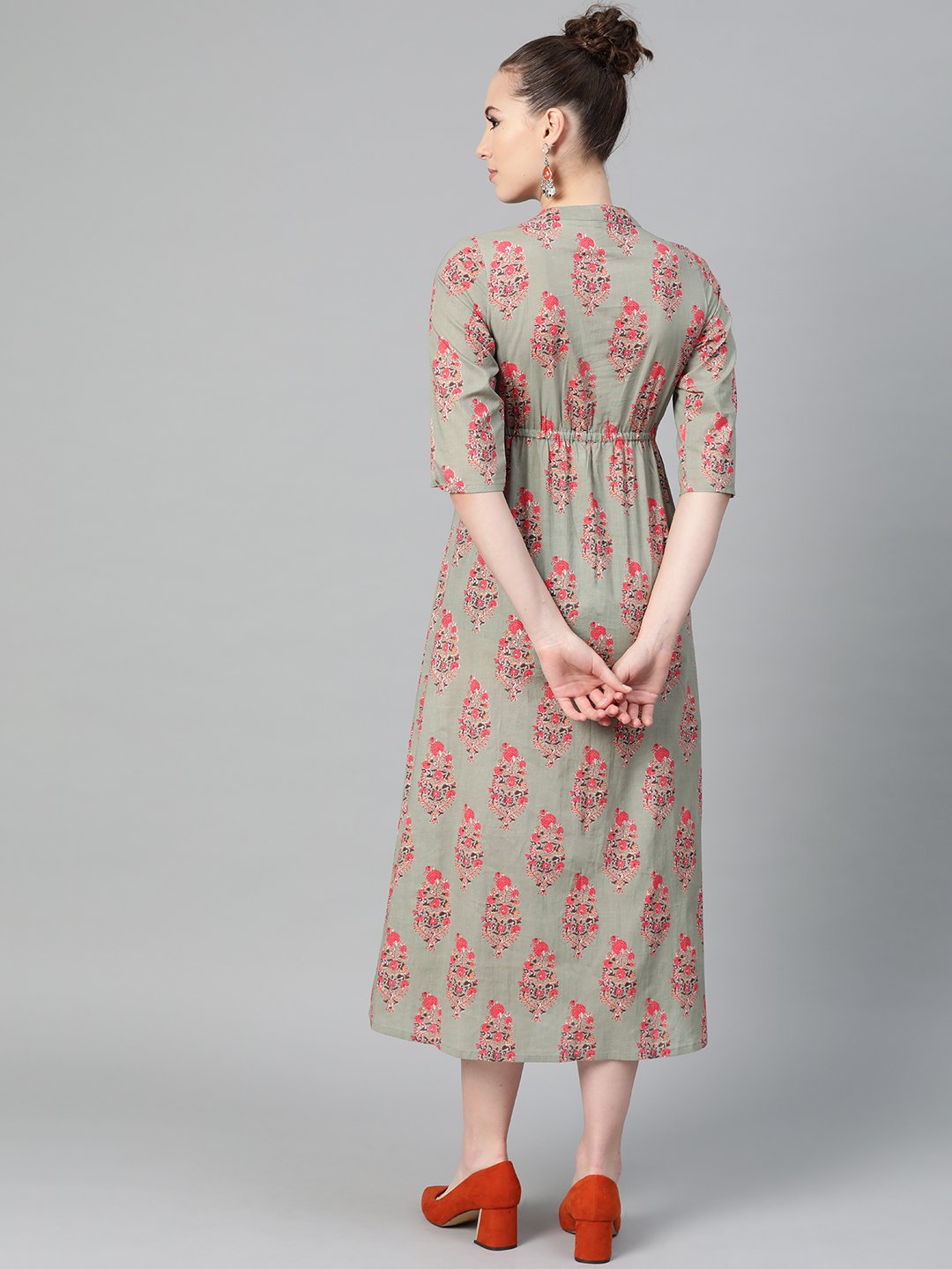 Sage Green Printed Maxi Dress With Mandaroin Collar & 3/4 Sleeves | LASVINI - Redefining Indian Fashion with Elegance