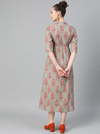 Sage Green Printed Maxi Dress With Mandaroin Collar & 3/4 Sleeves | LASVINI - Redefining Indian Fashion with Elegance