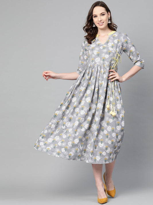 Grey Floral Printed Multi Colored Maxi Dress With Mandarin Collar & 3/4 Sleeves | LASVINI - Redefining Indian Fashion with Elegance