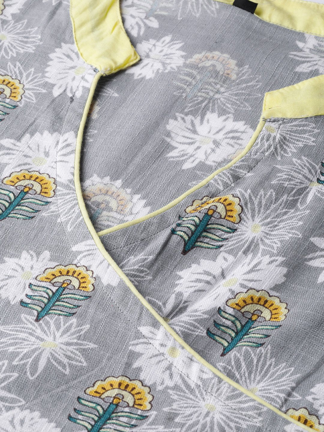 Grey Floral Printed Multi Colored Maxi Dress With Mandarin Collar & 3/4 Sleeves | LASVINI - Redefining Indian Fashion with Elegance