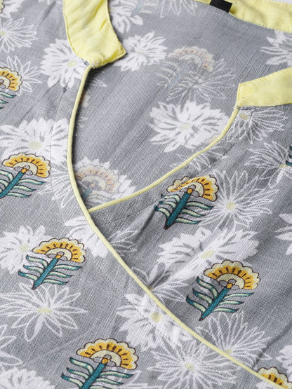 Grey Floral Printed Multi Colored Maxi Dress With Mandarin Collar & 3/4 Sleeves | LASVINI - Redefining Indian Fashion with Elegance