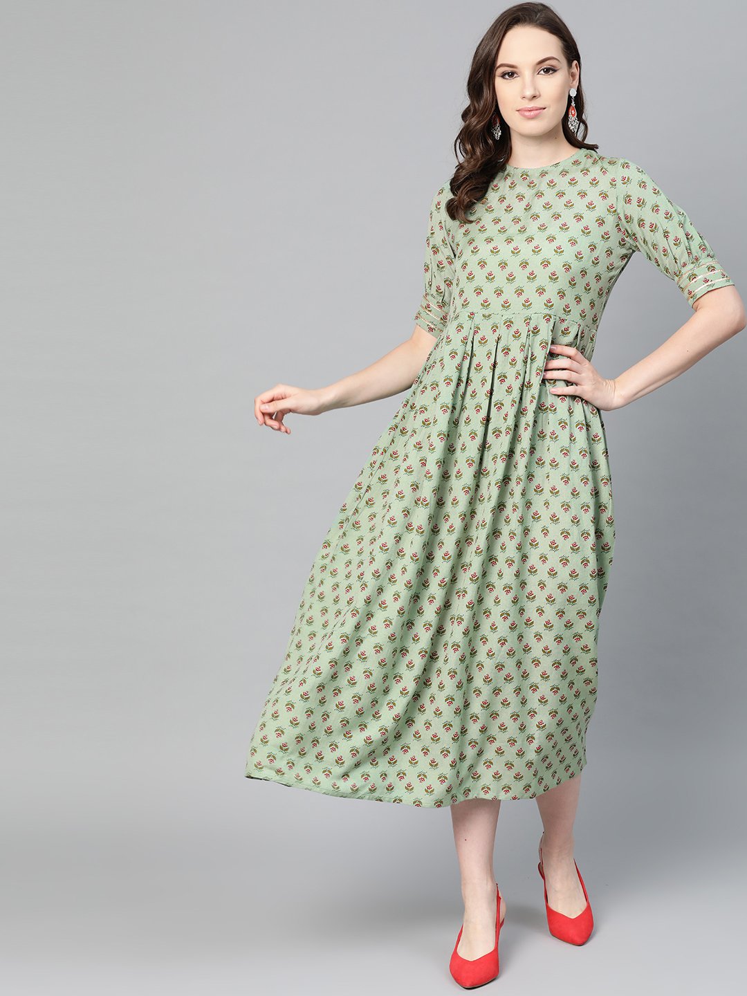 Green Floral Printed Maxi Dress With Round Neck & Gota Detailing On Sleeves | LASVINI - Redefining Indian Fashion with Elegance